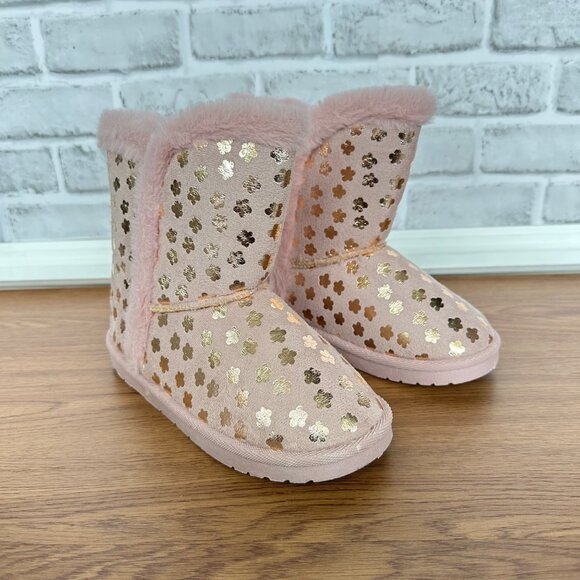 🦋Girls Winter Boots Sz 5 Flower Rose Gold Metallic Butterfly Faux-Fur Slipper🦋 - Picture 1 of 9